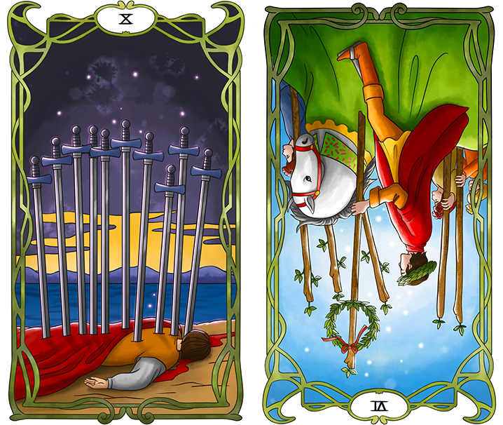 카드 조합: 검 10 (정방향) + 완드 6 (역방향)